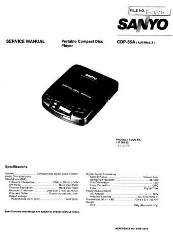SANYO CDP-55A (AUSTRALIA) PORTABLE CD PLAYER SERVICE MANUAL INC BLK DIAG PCBS SCHEM DIAGS AND PARTS LIST 32 PAGES ENG