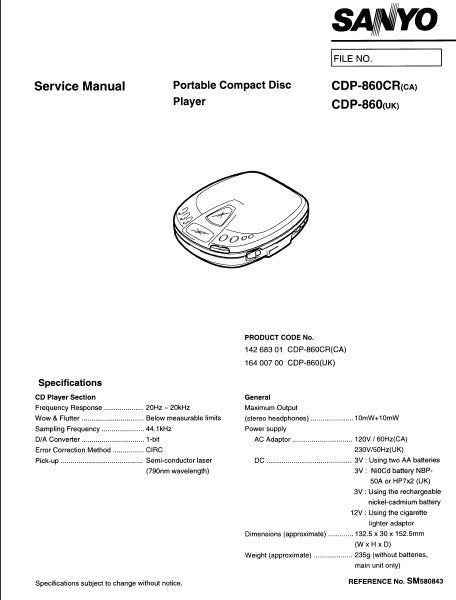 SANYO CDP-860 (UK) CDP-860CR (CA) PORTABLE CD PLAYER SERVICE MANUAL INC PCBS SCHEM DIAGS AND PARTS LIST 13 PAGES ENG