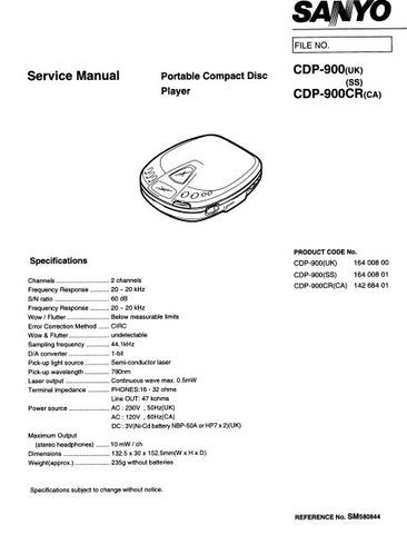 SANYO CDP-900 (UK) CD-900CR (CA) PORTABLE CD PLAYER SERVICE MANUAL INC PCBS SCHEM DIAG AND PARTS LIST 16 PAGES ENG