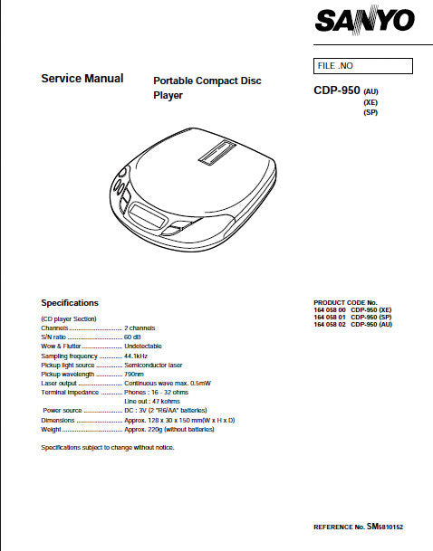 SANYO CDP-950 PORTABLE CD PLAYER SERVICE MANUAL INC PCBS SCHEM DIAG AND PARTS LIST 11 PAGES ENG