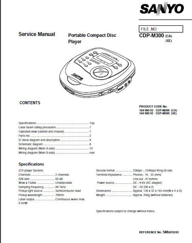 SANYO CDP-M300 PORTABLE CD PLAYER SERVICE MANUAL INC PCBS SCHEM DIAG AND PARTS LIST 11 PAGES ENG