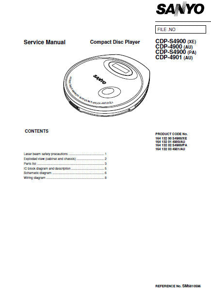 SANYO CDP-S4900 (XE) CDP-4900 (AU) CDP-4900 (PA) CDP-4901 (AU) CD PLAYER SERVICE MANUAL INC PCBS SCHEM DIAG AND PARTS LIST 9 PAGES ENG