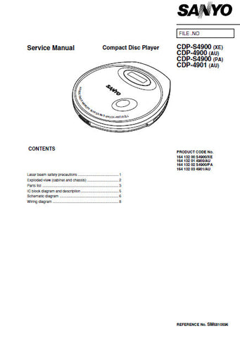 SANYO CDP-S4900 (XE) CDP-4900 (AU) CDP-4900 (PA) CDP-4901 (AU) CD PLAYER SERVICE MANUAL INC PCBS SCHEM DIAG AND PARTS LIST 9 PAGES ENG