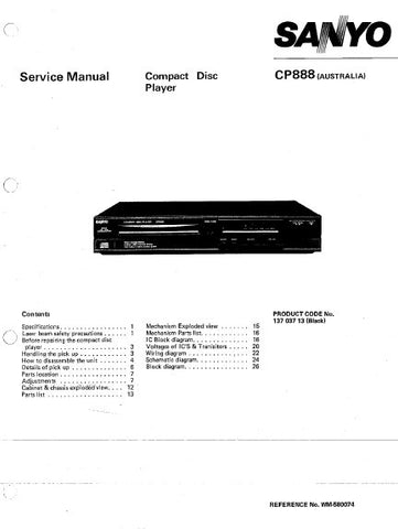 SANYO CP888 (AUSTRALIA) CD PLAYER SERVICE MANUAL INC PCBS SCHEM DIAGS AND PARTS LIST 28 PAGES ENG