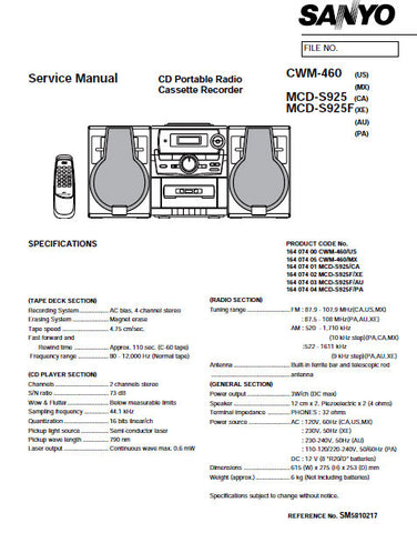 SANYO CWM-460 MCD-S925 MCD-S925F CD PORTABLE RADIO CASSETTE RECORDER SERVICE MANUAL INC PCBS WIRING DIAG SCHEM DIAGS AND PARTS LIST 25 PAGES ENG