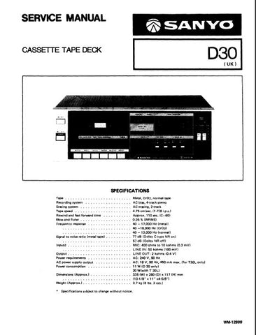 SANYO D30 (UK) CASSETTE TAPE DECK SERVICE MANUAL INC PCBS SCHEM DIAGS AND PARTS LIST 12 PAGES ENG