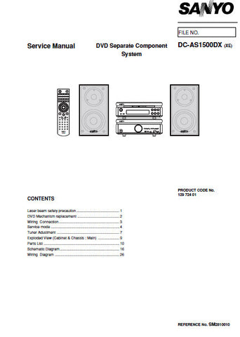 SANYO DCA-AS1500DX DVD SEPARATE COMPONENT SYSTEM SERVICE MANUAL INC PCBS SCHEM DIAGS AND PARTS LIST 26 PAGES ENG