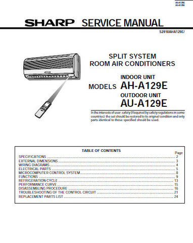 SHARP AH-A129E SPLIT SYSTEM ROOM AIR CONDITIONERS SERVICE MANUAL INC BLK DIAG PCB SCHEM DIAG AND PARTS LIST 28 PAGES ENG