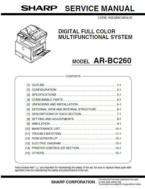 SHARP AR-BC260 DIGITAL FULL COLOR MULTIFUNCTIONAL SYSTEM SERVICE MANUAL INC BLK DIAGS AND SCHEM DIAGS 308 PAGES ENG