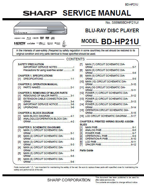 SHARP BD-HP21U BLU-RAY DISC PLAYER SERVICE MANUAL INC BLK DIAGS PCBS SCHEM DIAGS AND PARTS LIST 68 PAGES ENG