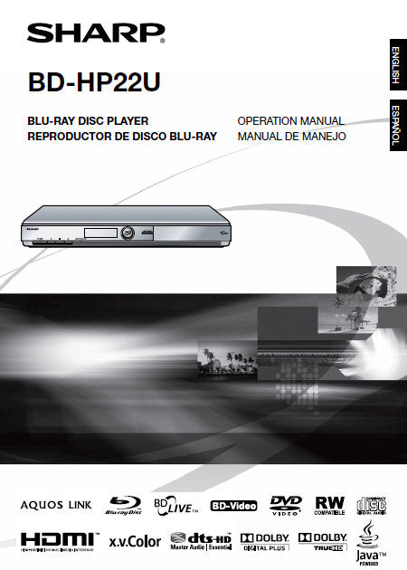 SHARP BD-HP22U BLU-RAY DISC PLAYER OPERATION MANUAL 55 PAGES ENG
