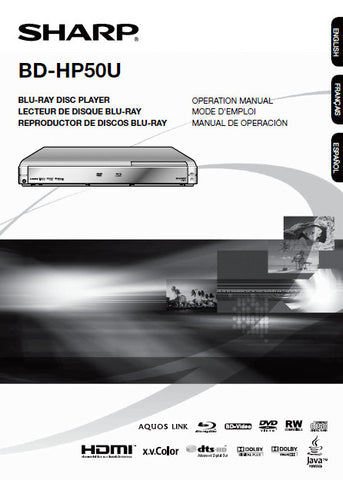 SHARP BD-HP50U BLU-RAY DISC PLAYER OPERATION MANUAL 51 PAGES ENG