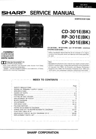 SHARP CD-301E (BK) RP-301E (BK) CP-301E (BK) CD STEREO SYSTEM SERVICE MANUAL INC BLK DIAG PCBS SCHEM DIAGS AND PARTS LIST 50 PAGES ENG