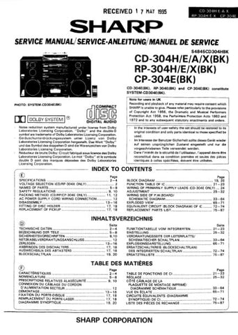 SHARP CD-304H E A X (BK) RP-304H E X (BK) CP-304E (BK) CD STEREO SYSTEM SERVICE MANUAL INC BLK DIAG PCBS SCHEM DIAGS AND PARTS LIST 72 PAGES ENG DEUT FRANC