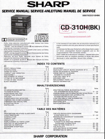 SHARP CD-310H (BK) CD STEREO SYSTEM SERVICE MANUAL INC BLK DIAG PCBS SCHEM DIAGS AND PARTS LIST 72 PAGES ENG DEUT FRANC