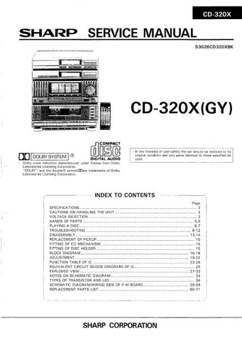 SHARP CD-320X (GY) CD SYSTEM SERVICE MANUAL INC BLK DIAG PCBS SCHEM DIAGS AND PARTS LIST 62 PAGES ENG