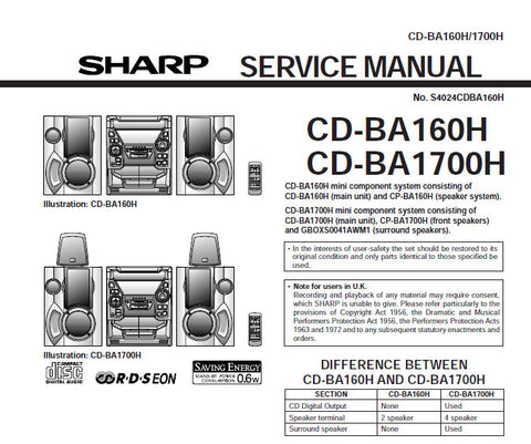 SHARP CD-BA160H CD-BA1700H CD SYSTEM SERVICE MANUAL INC BLK DIAG PCBS SCHEM DIAGS AND PARTS LIST 64 PAGES ENG