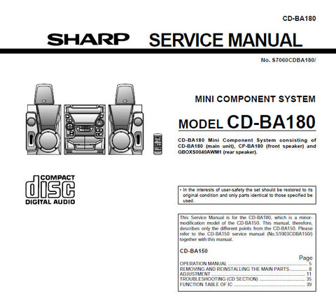 SHARP CD-BA180 MINI COMPONENT SYSTEM SERVICE MANUAL INC BLK DIAGS PCBS SCHEM DIAGS AND PARTS LIST 44 PAGES ENG