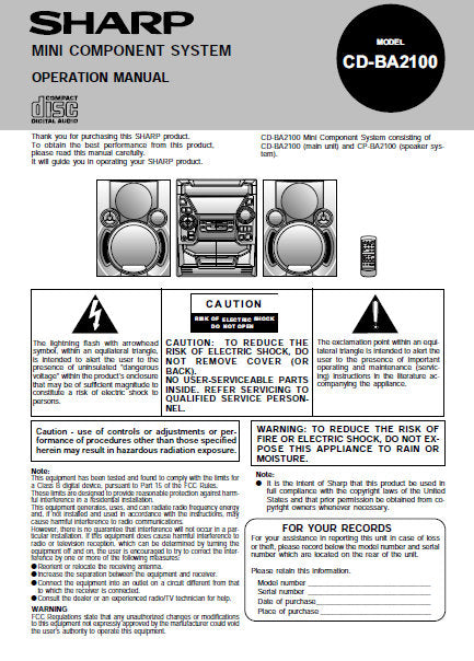 SHARP CD-BA2100 MINI COMPONENT SYSTEM OPERATION MANUAL 18 PAGES ENG