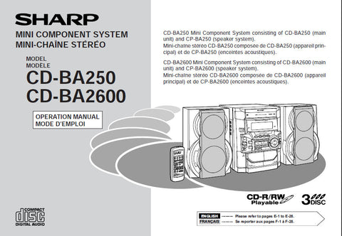 SHARP CD-BA250 CD-BA2600 MINI COMPONENT SYSTEM OPERATION MANUAL 60 PAGES ENG FRANC