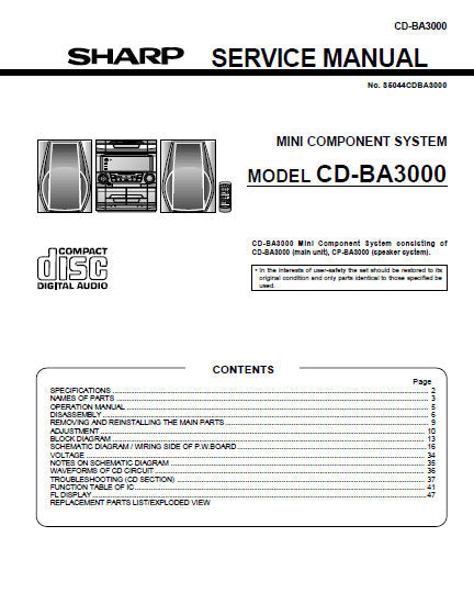 SHARP CD-BA3000 MINI COMPONENT SYSTEM SERVICE MANUAL INC BLK DIAG PCBS SCHEM DIAGS AND PARTS LIST 60 PAGES ENG