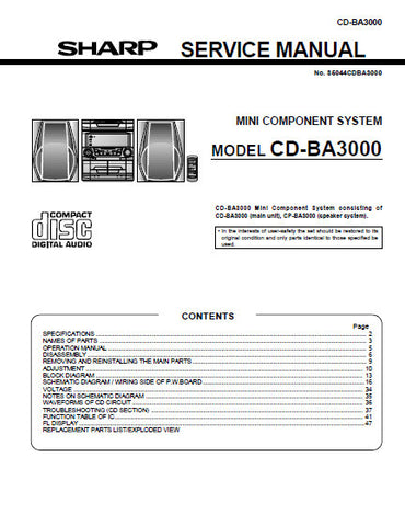 SHARP CD-BA3000 MINI COMPONENT SYSTEM SERVICE MANUAL INC BLK DIAG PCBS SCHEM DIAGS AND PARTS LIST 60 PAGES ENG