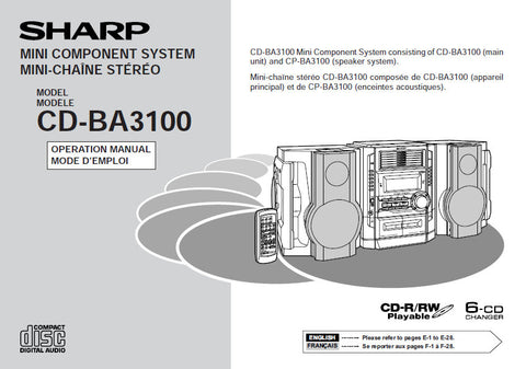 SHARP CD-BA3100 MINI COMPONENT SYSTEM OPERATION MANUAL 60 PAGES ENG FRANC