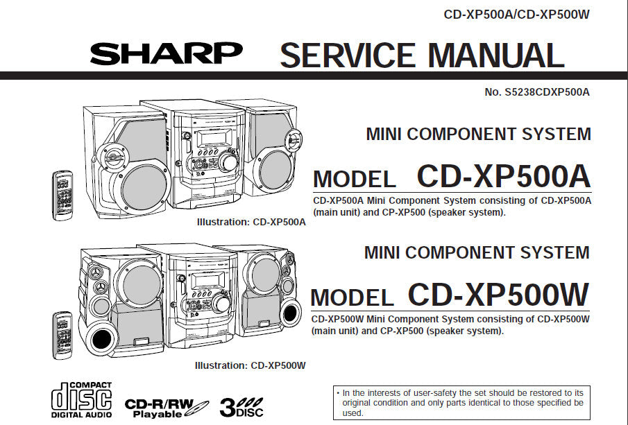 SHARP CD-XP500A CD-XP500W MINI COMPONENT SYSTEM SERVICE MANUAL INC BLK DIAGS PCBS SCHEM DIAGS AND PARTS LIST 64 PAGES ENG