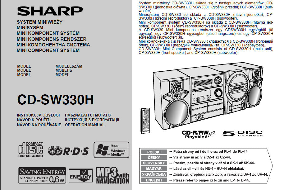 SHARP CDP-SW330H MINI COMPONENT SYSTEM OPERATION MANUAL 61 PAGES ENG
