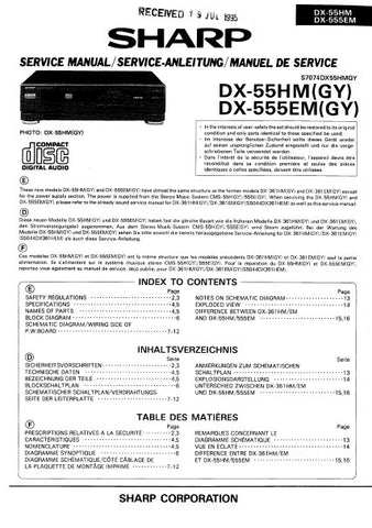 SHARP DX-55HM DX-555EM CD PLAYER SERVICE MANUAL INC BLK DIAG SCHEM DIAGS AND PARTS LIST 13 PAGES ENG DEUT FRANC