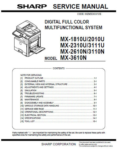 SHARP MX-1810U  MX2010U MX-2310U MX-3111U MX-2610N MX-3110N MX-3610N DIGITAL FULL COLOR MULTIFUNCTIONAL SYSTEM SERVICE MANUAL 191 PAGES ENG