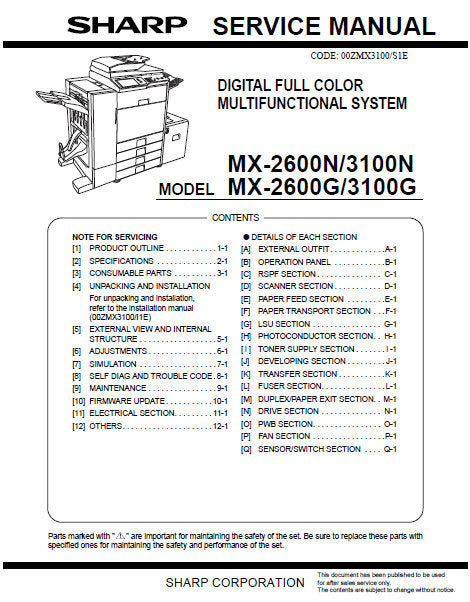SHARP MX-2600N MX-3100N MX-2600G MX-3100G DIGITAL FULL COLOR MULTIFUNCTIONAL SYSTEM SERVICE MANUAL INC BLK DIAGS AND SCHEM DIAGS 460 PAGES ENG