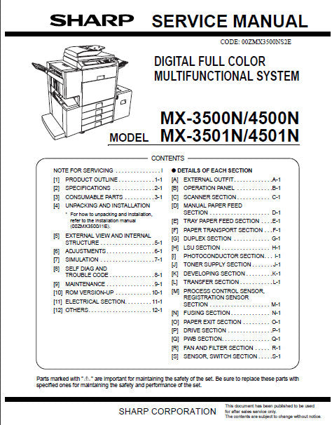 SHARP MX-3500N MX-4500N MX-3501N MX-4501N DIGITAL FULL COLOR MULTIFUNCTIONAL SYSTEM SERVICE MANUAL INC BLK DIAGS AND SCHEM DIAGS 448 PAGES ENG