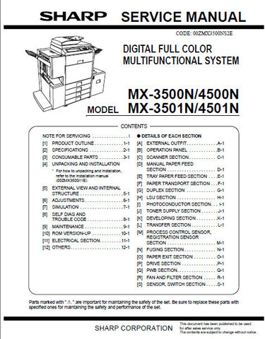 SHARP MX-3500N MX-4500N MX-3501N MX-4501N DIGITAL FULL COLOR MULTIFUNCTIONAL SYSTEM SERVICE MANUAL INC BLK DIAGS AND SCHEM DIAGS 448 PAGES ENG