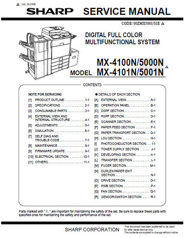 SHARP MX-4100N  MX-5000N MX-4101N MX-5001N DIGITAL FULL COLOR MULTIFUNCTIONAL SYSTEM SERVICE MANUAL INC BLK DIAG AND SCHEM DIAGS 524 PAGES ENG