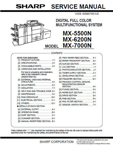 SHARP MX-5500N MX-6200N MX-7000N DIGITAL FULL COLOR MULTIFUNCTIONAL SYSTEM SERVICE MANUAL INC BLK DIAGS AND SCHEM DIAGS 656 PAGES ENG