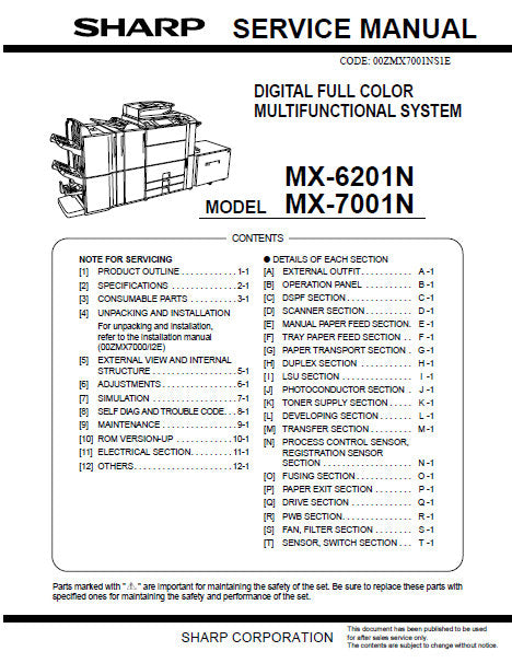SHARP MX-6201N MX-7001N DIGITAL FULL COLOR MULTIFUNCTIONAL SYSTEM SERVICE MANUAL INC BLK DIAGS AND SCHEM DIAGS 653 PAGES ENG
