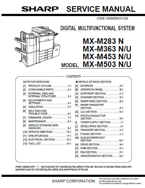 SHARP MX-M283 N MX-M363 N U MX-M453 N U MX-M503 N U DIGITAL MULTIFUNCTIONAL SYSTEM SERVICE MANUAL INC BLK DIAGS SCHEM DIAGS 404 PAGES ENG