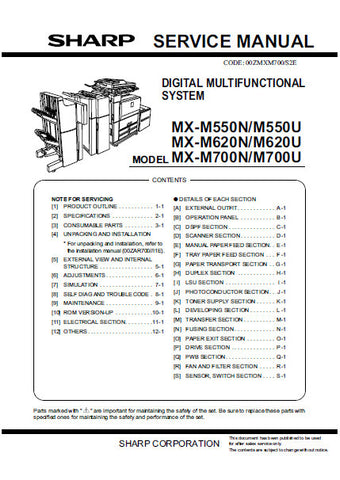 SHARP MX-M550N MX-M550U MX-M620N MX-M620U MX-M700N MX-M700U DIGITAL MULTIFUNCTIONAL SYSTEM SERVICE MANUAL INC BLK DIAGS SCHEM DIAGS 412 PAGES ENG