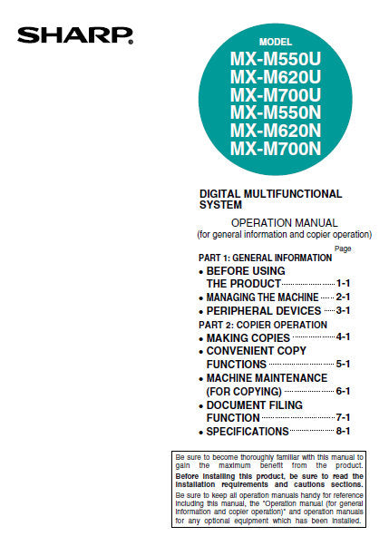 SHARP MX-M550U MX-M620U MX-M700U MX-M550N MX-M620N MX-M700N DIGITAL MULTIFUNCTIONAL SYSTEM OPERATION MANUAL 200 PAGES ENG