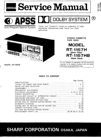 SHARP RT-1157H RT-1157HB STEREO CASSETTE TAPE DECK SERVICE MANUAL INC PCBS SCHEM DIAG AND PARTS LIST 20 PAGES ENG