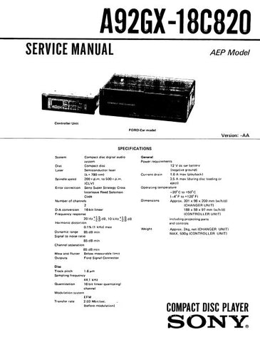 SONY A92GX-18C820 CD PLAYER SERVICE MANUAL INC BLK DIAG PCBS SCHEM DIAGS AND PARTS LIST 38 PAGES ENG