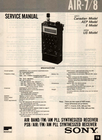 SONY AIR-7 AIR BAND FM AM PLL SYNTHESIZED RECEIVER AIR-8 PSB AIR FM AM PLL SYNTHESIZED RECEIVER SERVICE MANUAL INC PCBS SCHEM DIAGS AND PARTS LIST 44 PAGES ENG