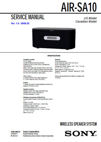 SONY AIR-SA10 WIRELESS SPEAKER SYSTEM SERVICE MANUAL INC PCBS SCHEM DIAGS AND PARTS LIST 34 PAGES ENG