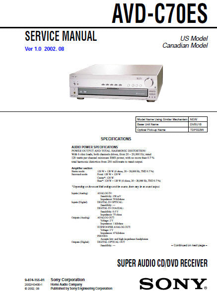 SONY AVD-C70ES SUPER AUDIO CD DVD RECEIVER SERVICE MANUAL INC PCBS SCHEM DIAGS AND PARTS LIST 116 PAGES ENG