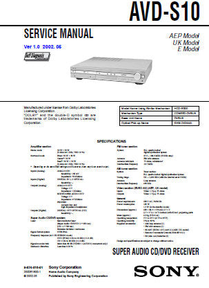 SONY AVD-S10 SUPER AUDIO CD DVD RECEIVER SERVICE MANUAL INC BLK DIAGS PCBS SCHEM DIAGS AND PARTS LIST 94 PAGES ENG