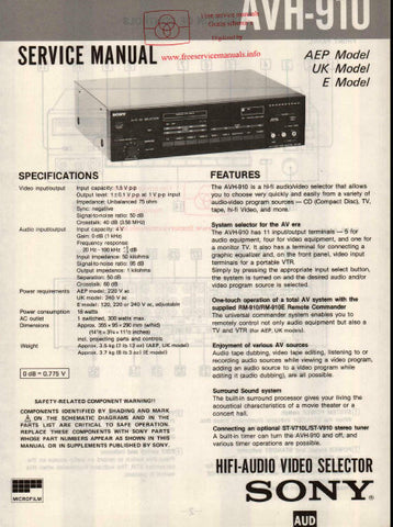 SONY AVH-910 HIFI AUDIO VIDEO SELECTOR SERVICE MANUAL INC BLK DIAG PCBS SCHEM DIAG AND PARTS LIST 12 PAGES ENG