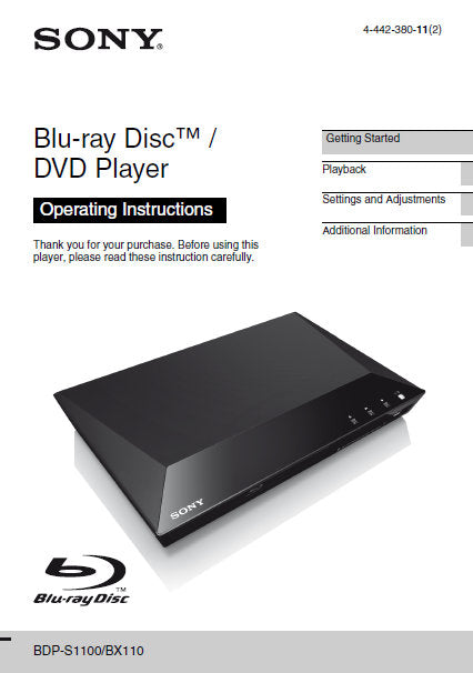 SONY BDP-BX110 BDP-S1100 BLU-RAY DISC DVD PLAYER OPERATING INSTRUCTIONS 36 PAGES ENG