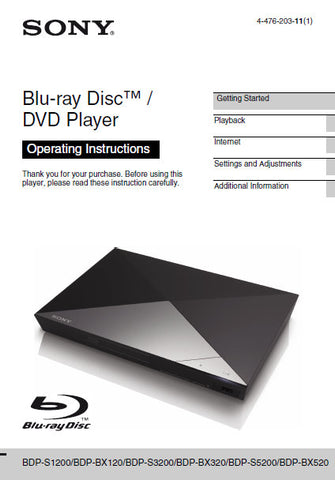 SONY BDP-BX120 BDP-BX320 BDP-BX520 BDP-S1200 BDP-S3200 BDP-S5200 BLU-RAY DISC DVD PLAYER OPERATING INSTRUCTIONS 48 PAGES ENG