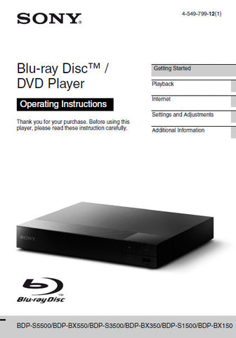SONY BDP-BX150 BDP-BX350 BDP-BX550 BDP-S1500 BDP-S3500 BDP-S5500 BLU-RAY DISC DVD PLAYER OPERATING INSTRUCTIONS 48 PAGES ENG